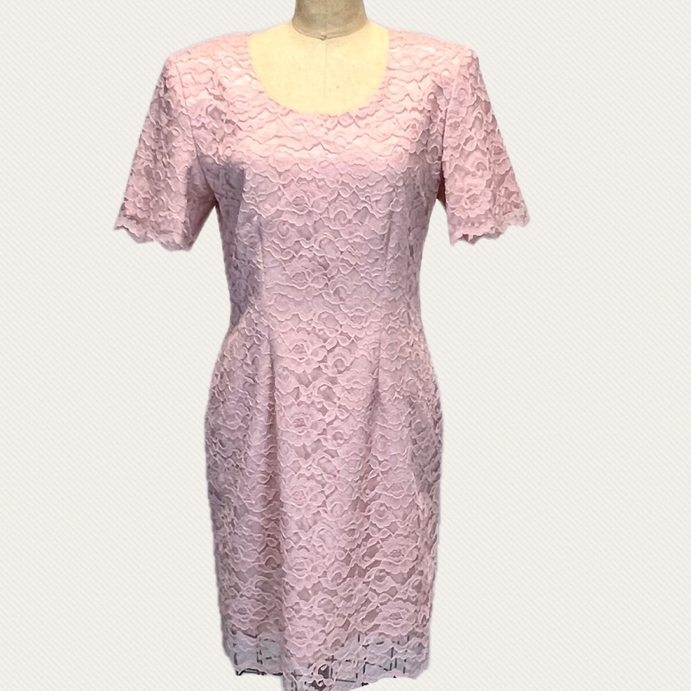 VINTAGE 80s pastel pink lace midi dress short sleeve formal dressy feminine‎